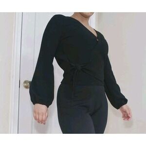 MADEWELL TEXTURE AND THREAD Small Black Wrap Around Tie Long Sleeve Shirt V-Neck